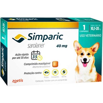 Antipulgas Zoetis Simparic 40 mg para Cães de 10,1 a 20 Kg