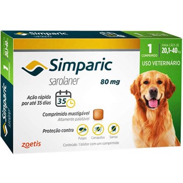 Antipulgas Zoetis Simparic 80 mg para Cães de 20,1 a 40 Kg